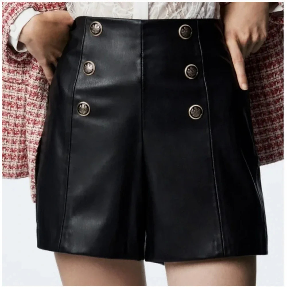 Zara Black Vegan Leather High-Waist Sailor Shorts Size XS